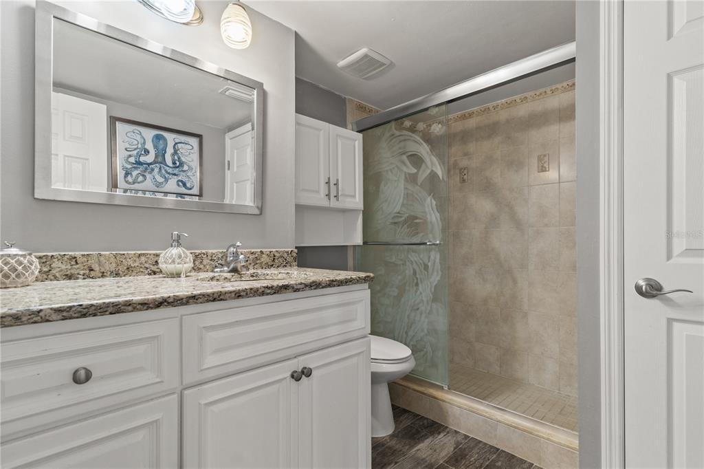 6035 Sea Ranch Drive, Unit 415 Hudson, FL 34667 - Photo 33 of 49 a bathroom with a granite countertop sink a toilet a shower and a mirror