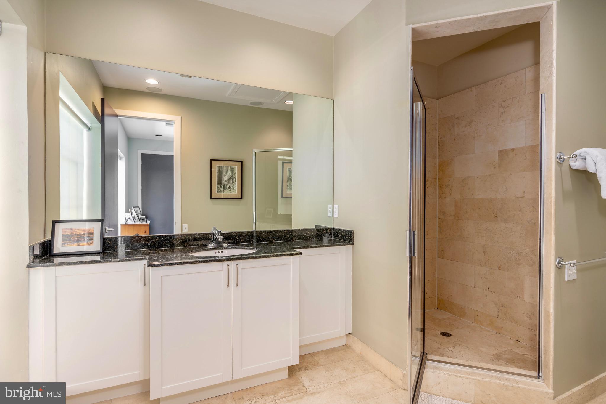 1741 Johnson Avenue Northwest, Unit 301 Washington, DC 20009 - Photo 18 of 31 a bathroom with a granite countertop sink and a mirror