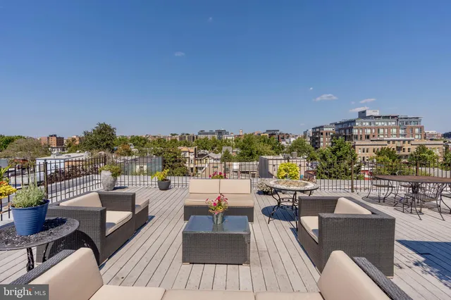 a view of a roof deck with couches and potted plants