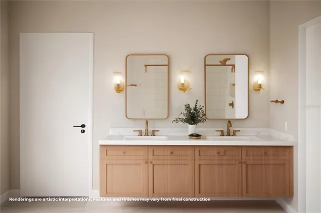 a bathroom with a double vanity sink and a mirror
