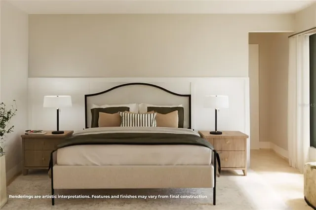 a bedroom with a bed and a night stand