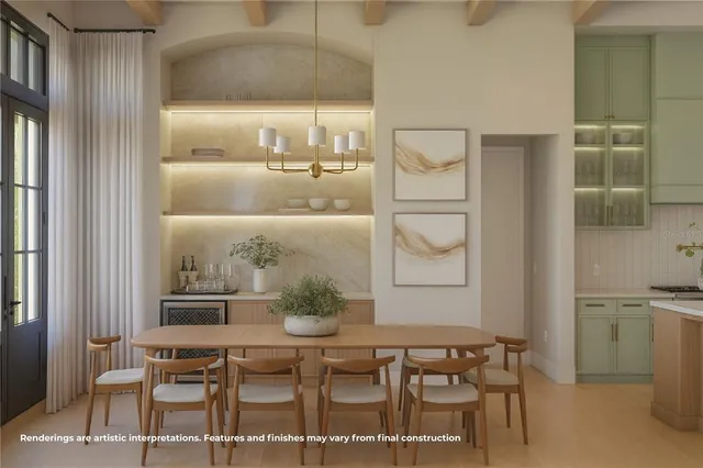 a dining room with furniture and window