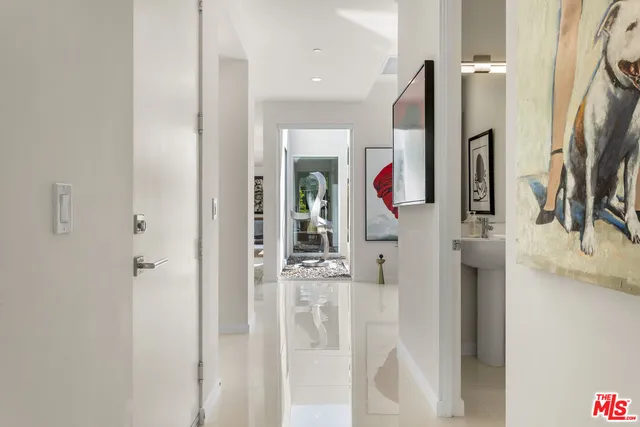 a hallway with painting and a potted plant