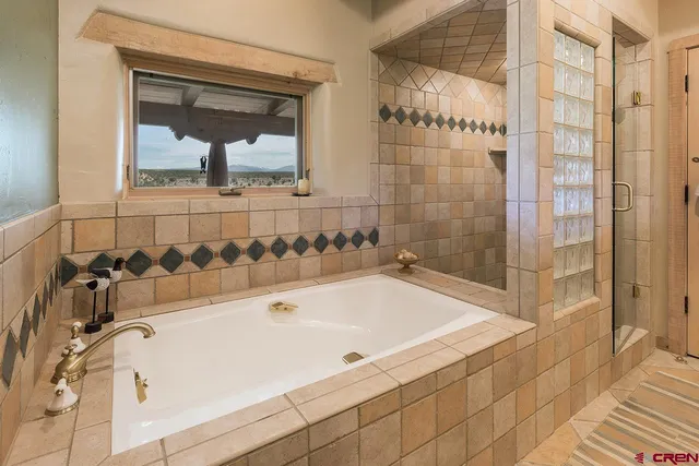 a bathroom with a bathtub and a shower