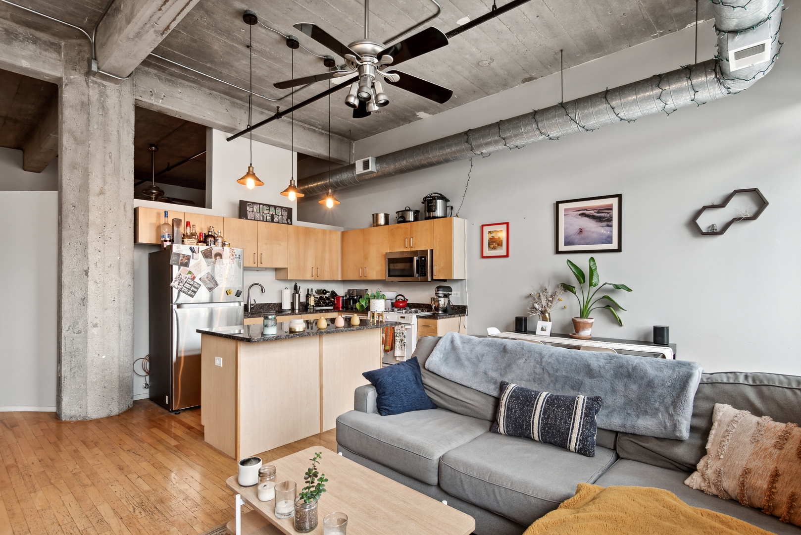 843 West Adams Street, Unit 405 Chicago, IL 60607 - Photo 7 of 12 a living room with furniture and kitchen view