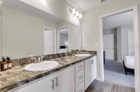 a bathroom with a granite countertop sink and a mirror
