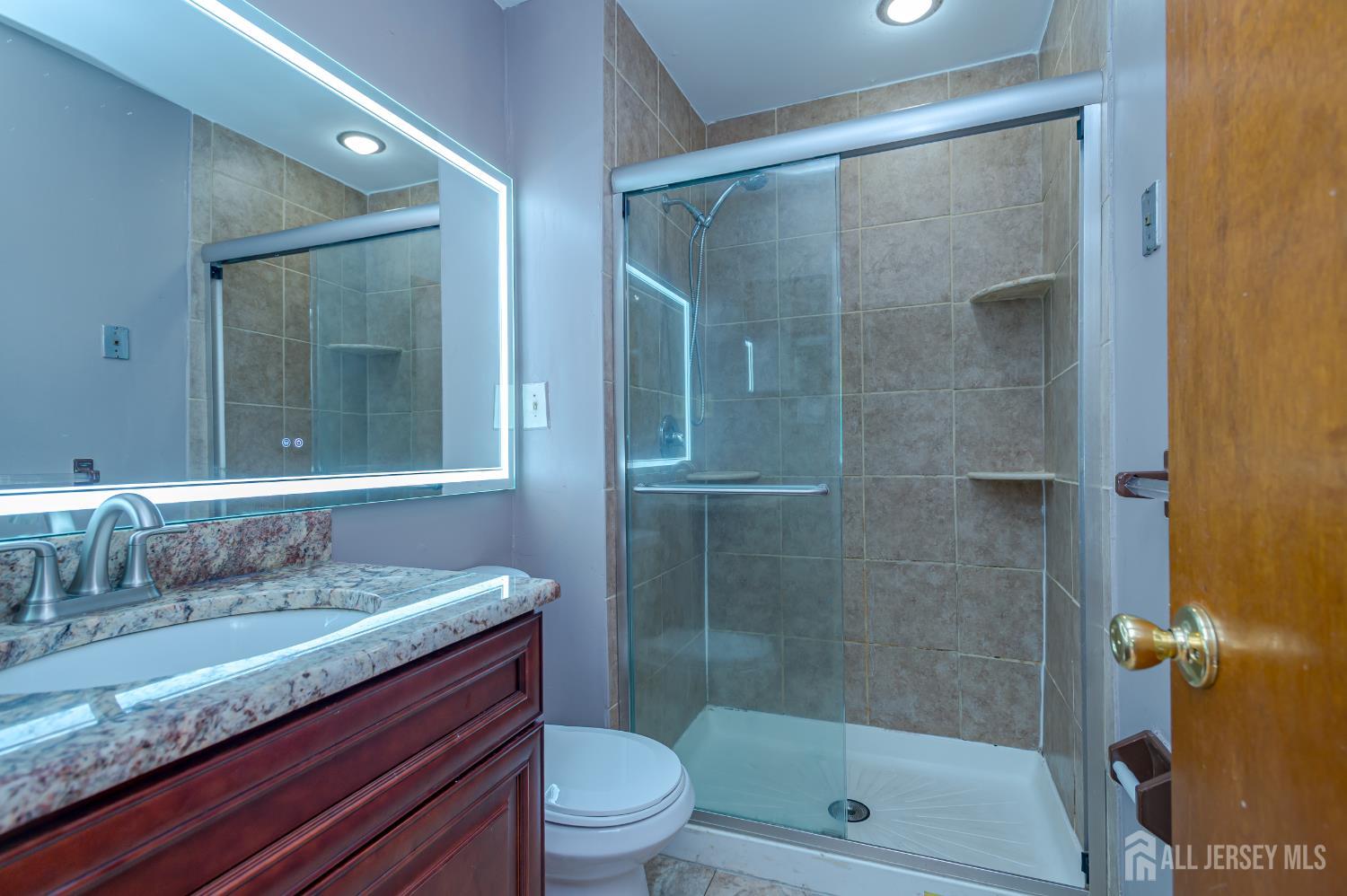 5601 Hana Road Edison, NJ 08817 - Photo 19 of 27 a bathroom with a granite countertop sink toilet and shower