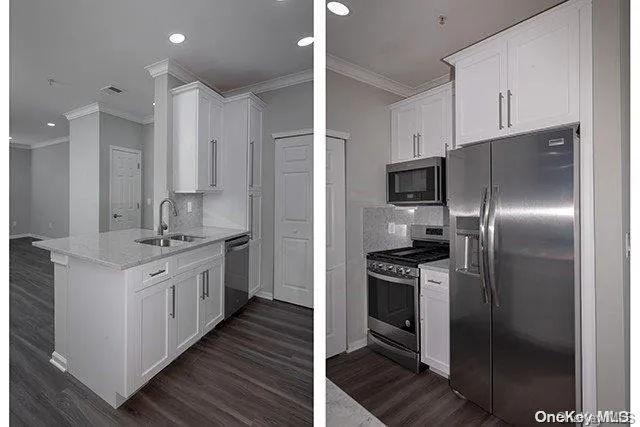 a kitchen with stainless steel appliances and a refrigerator