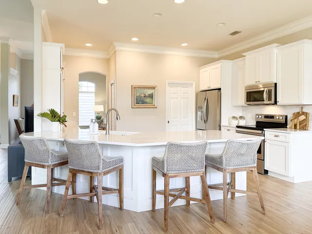 a view of a dining room with furniture