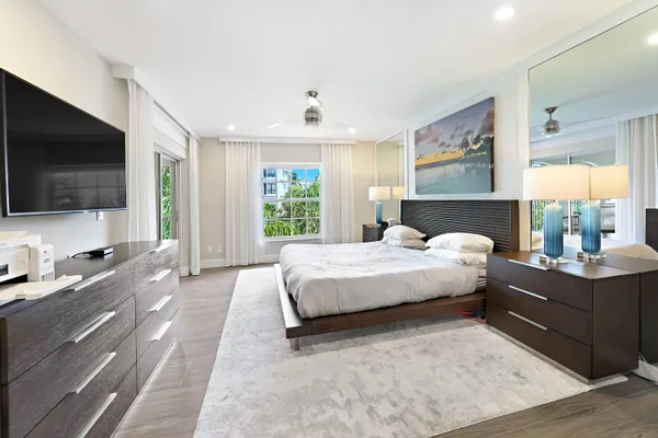 a bedroom with a large bed and a flat screen tv