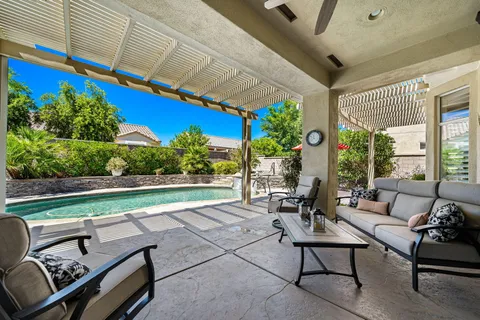 a building outdoor space with patio furniture