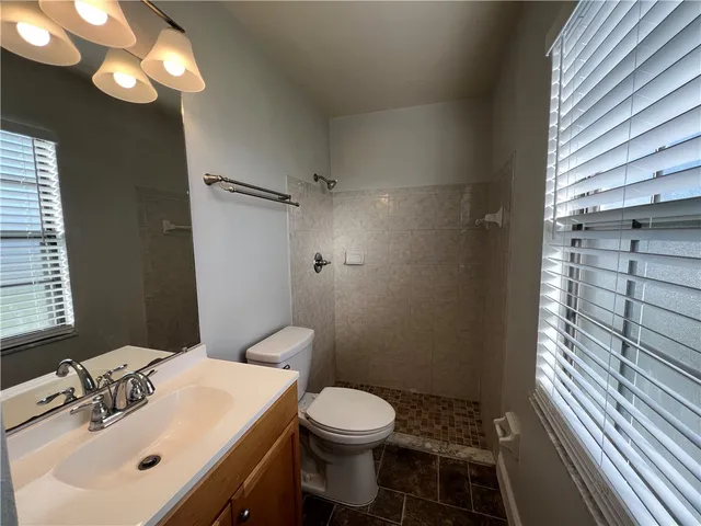 a bathroom with a sink a toilet and shower