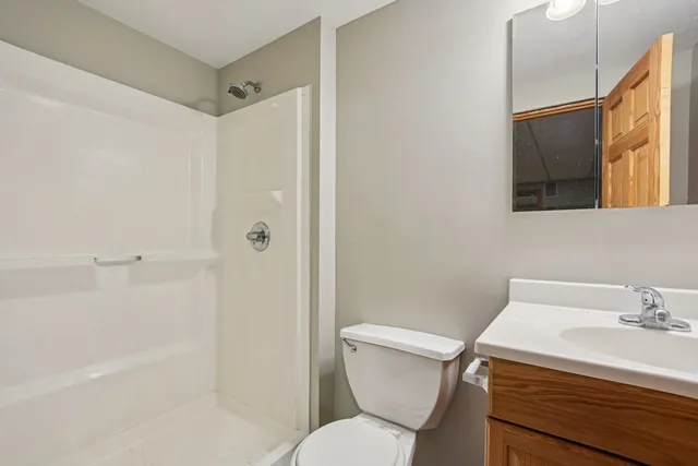 a bathroom with a sink toilet vanity and shower