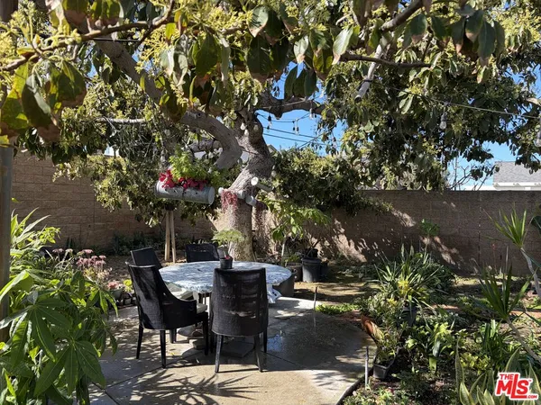 a view of backyard with table and chairs and potted plants