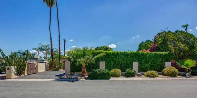 a backyard of a house with lots of potted plants