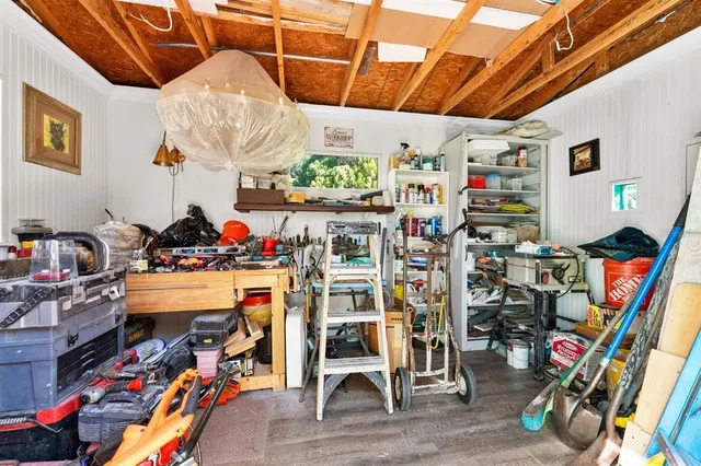 a view of a street sign under a large tree