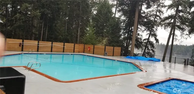 a view of a swimming pool with a patio and a garden