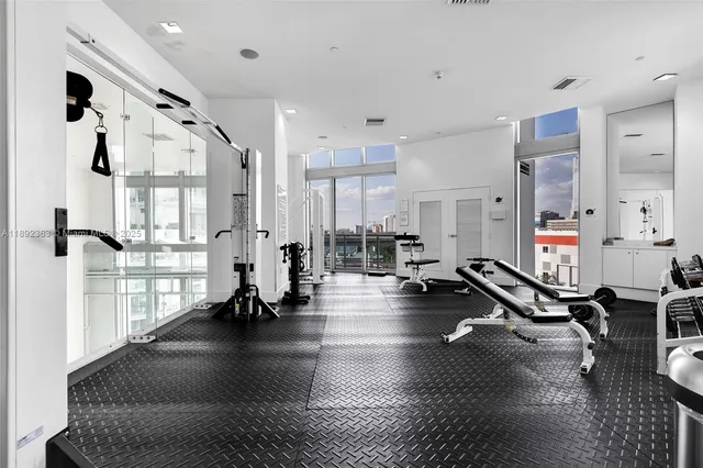 a view of a room with gym equipment