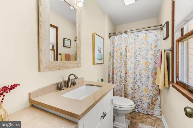 a bathroom with a sink a toilet and shower curtain