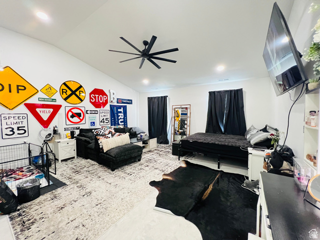 100 Whit Lane Georgetown, ID 83239 - Photo 49 of 76 Bedroom with vaulted ceiling, ceiling fan, and recessed lighting