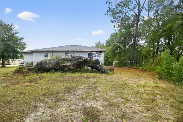 a front view of a house with a yard and trees