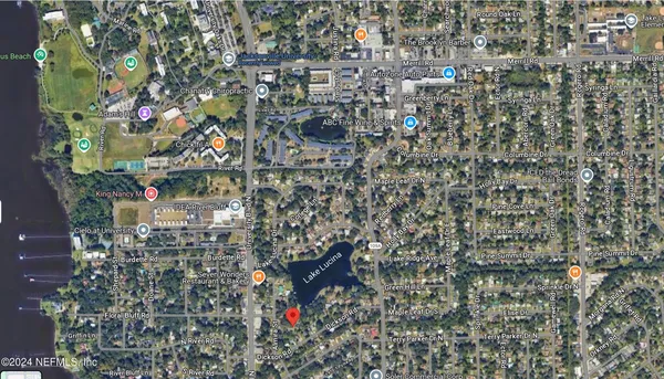 a view of a park with large trees