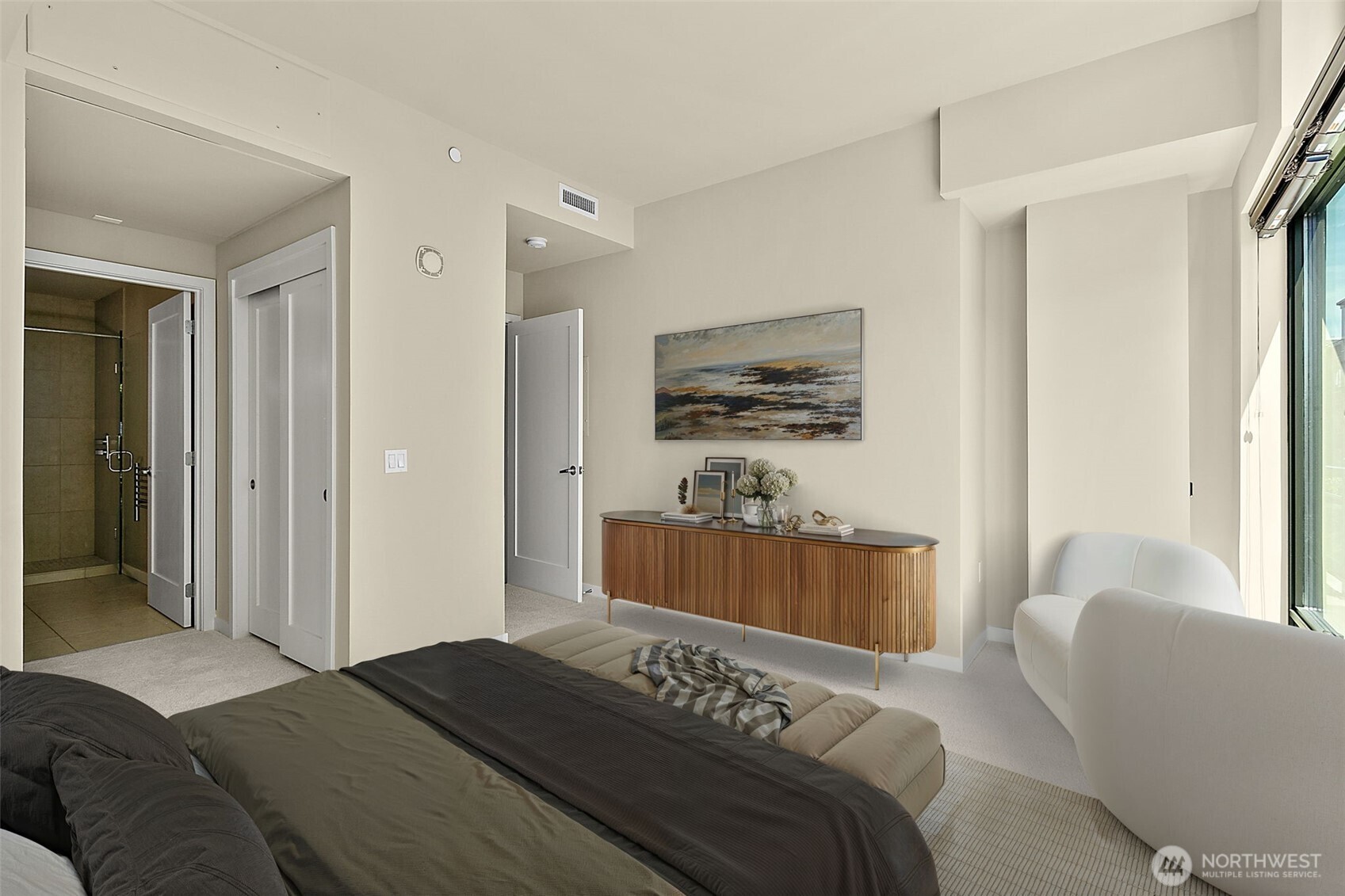 10000 Main Street, Unit 504 Bellevue, WA 98004 - Photo 11 of 37 a bedroom with a bed and a dresser