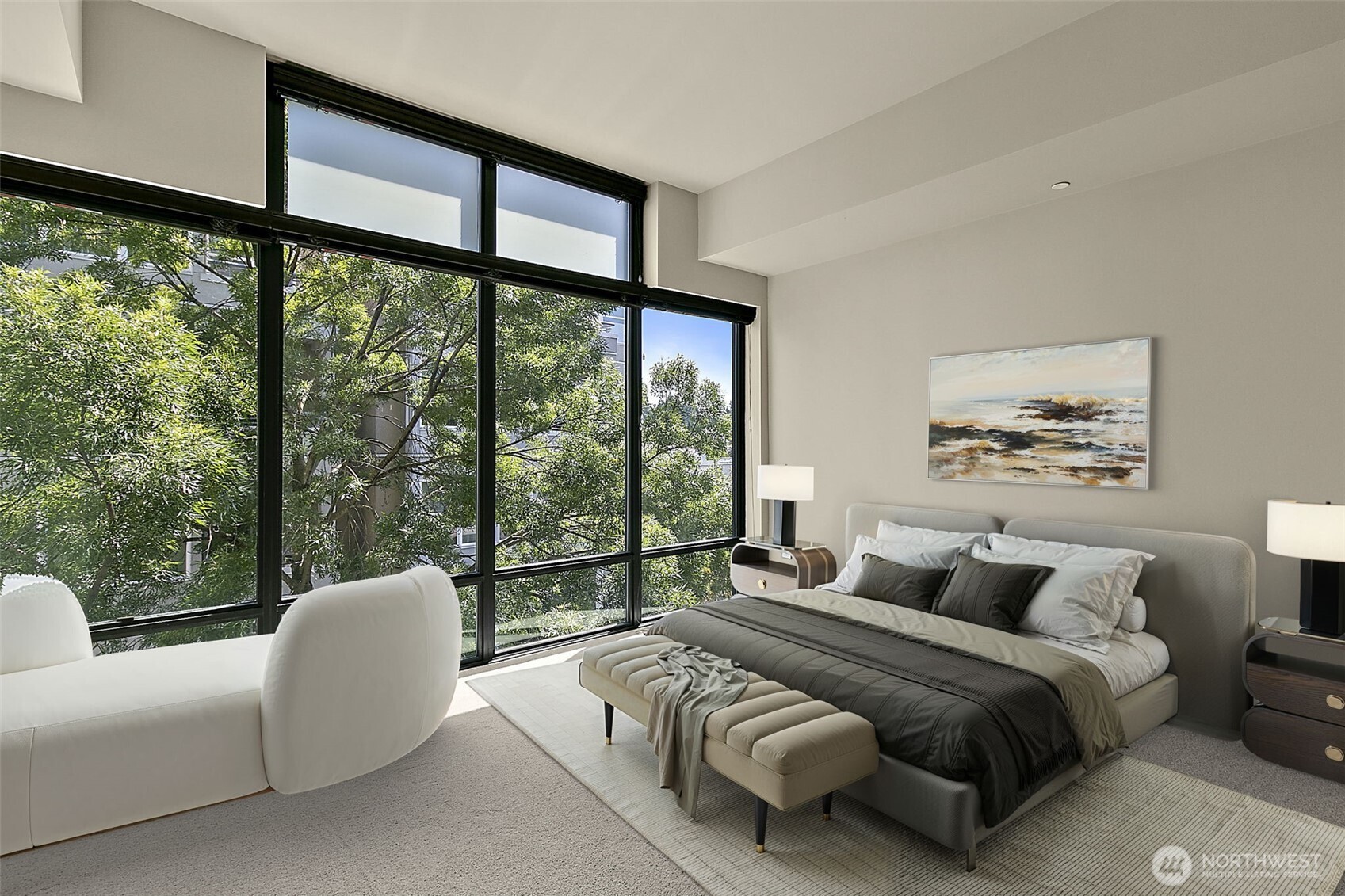 10000 Main Street, Unit 504 Bellevue, WA 98004 - Photo 13 of 37 a bedroom with a bed and a large window