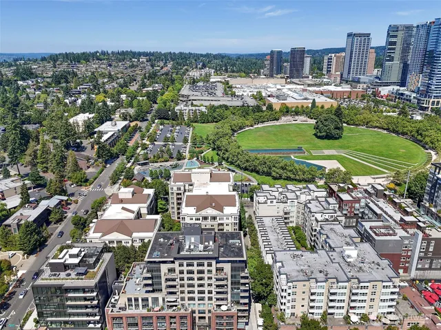 a city view with tall buildings