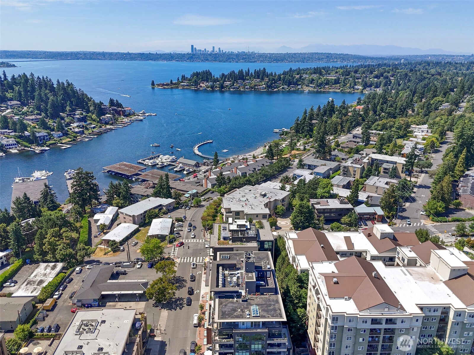 10000 Main Street, Unit 504 Bellevue, WA 98004 - Photo 36 of 37 an aerial view of a city with lots of residential buildings ocean and mountain view in back