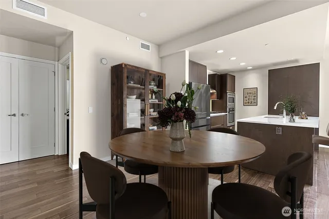 a view of a dining room with furniture