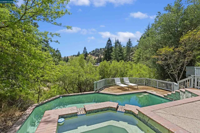 a view of a swimming pool with a lounge chair