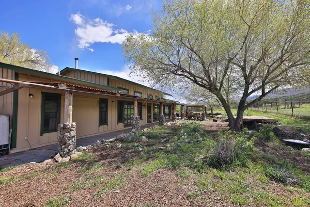 a view of a house with a yard covered with snow and plants