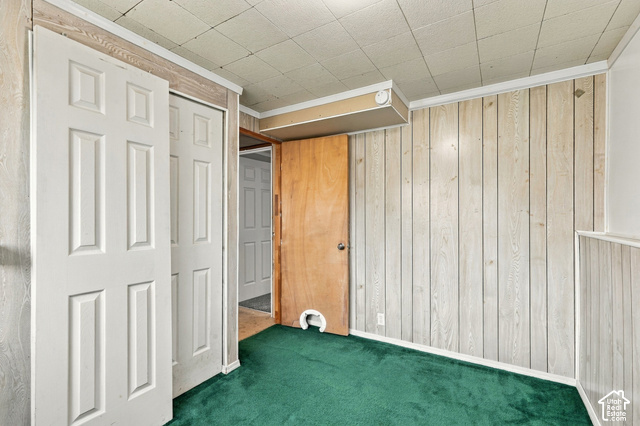 1127 Electra Lane Sandy, UT 84094 - Photo 17 of 27 Green carpeting, panel wall finishes, white six-panel bi-fold closet doors, and a wood-finish interior door