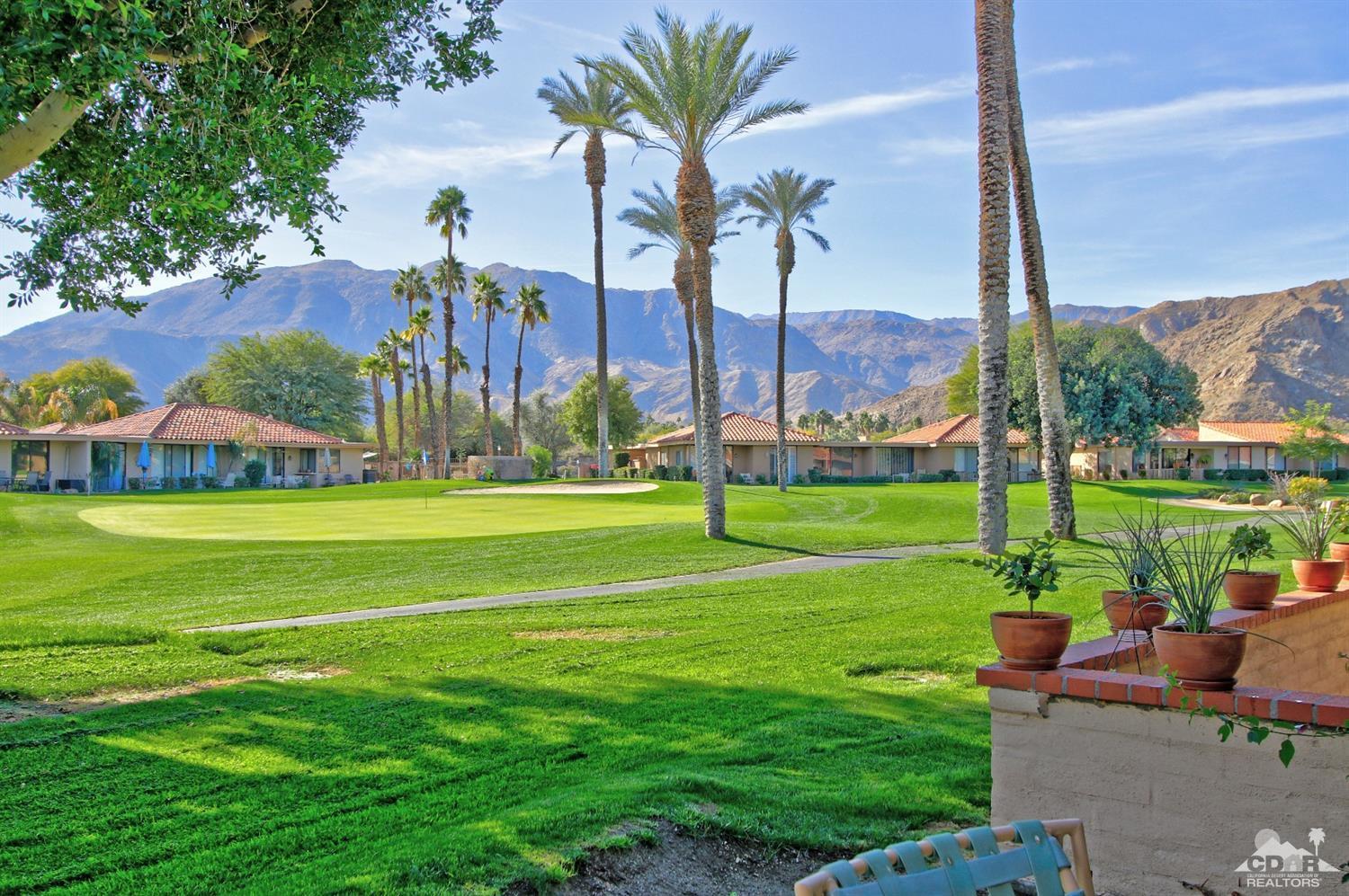 a view of a park with couches and trees
