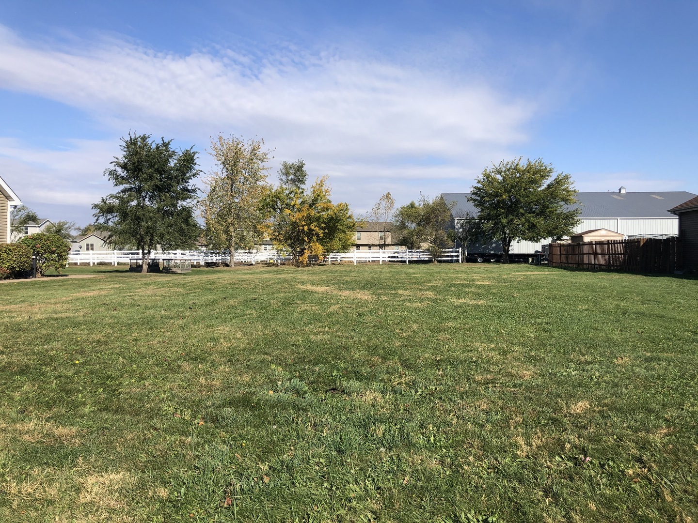 a view of a green field with trees in the background