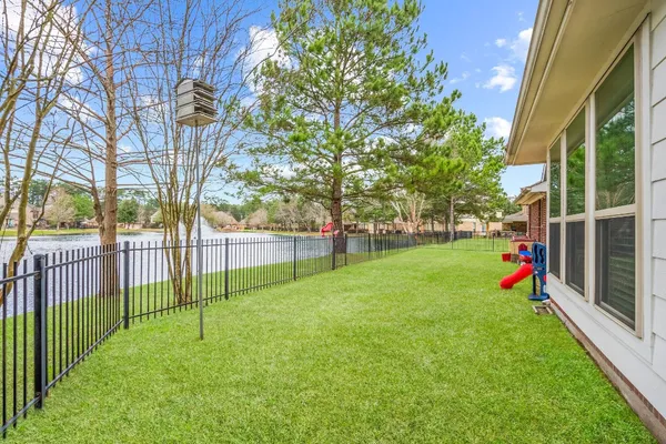 a view of a park with large trees