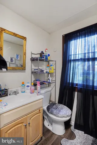 a bathroom with a sink a toilet and a shower curtain