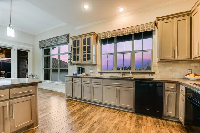 a kitchen with stainless steel appliances granite countertop a stove a sink dishwasher and a microwave oven with cabinets