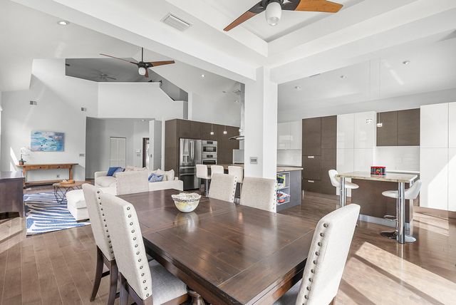 a view of a dining room with furniture