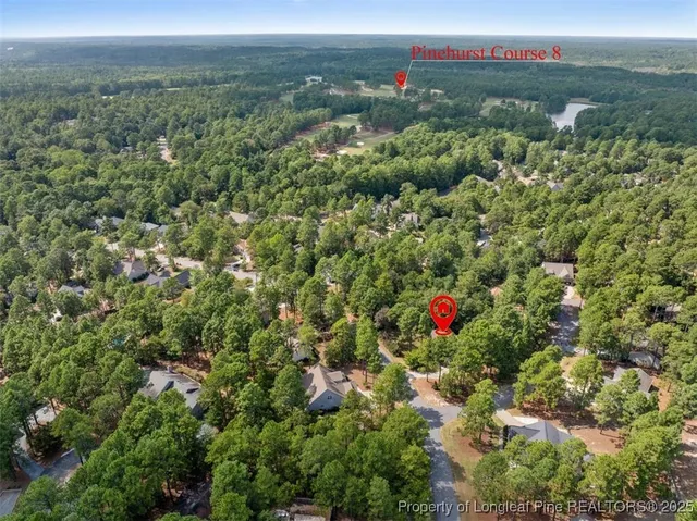 an aerial view of residential houses with outdoor space and trees