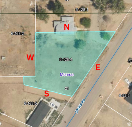 840 South Jones Road Monroe, UT 84754 - Photo 52 of 52 Lines are approximate. Plat Map, Parcel 6-128-4. Indicating the boundaries and identifying features of the property, including adjacent parcel numbers and the bordering road