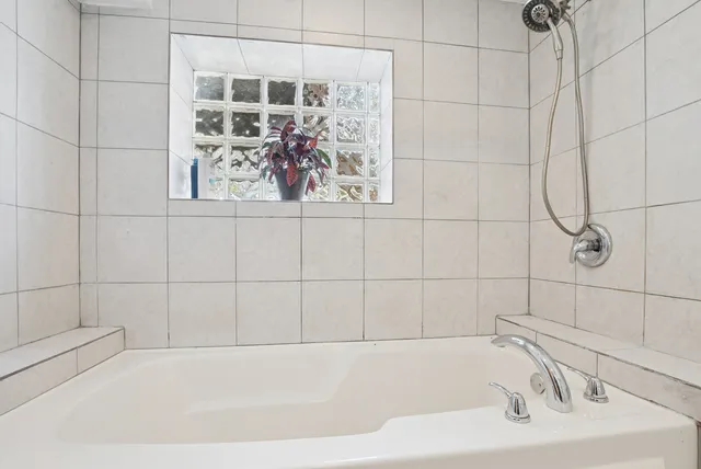 a bathroom with a bathtub and shower