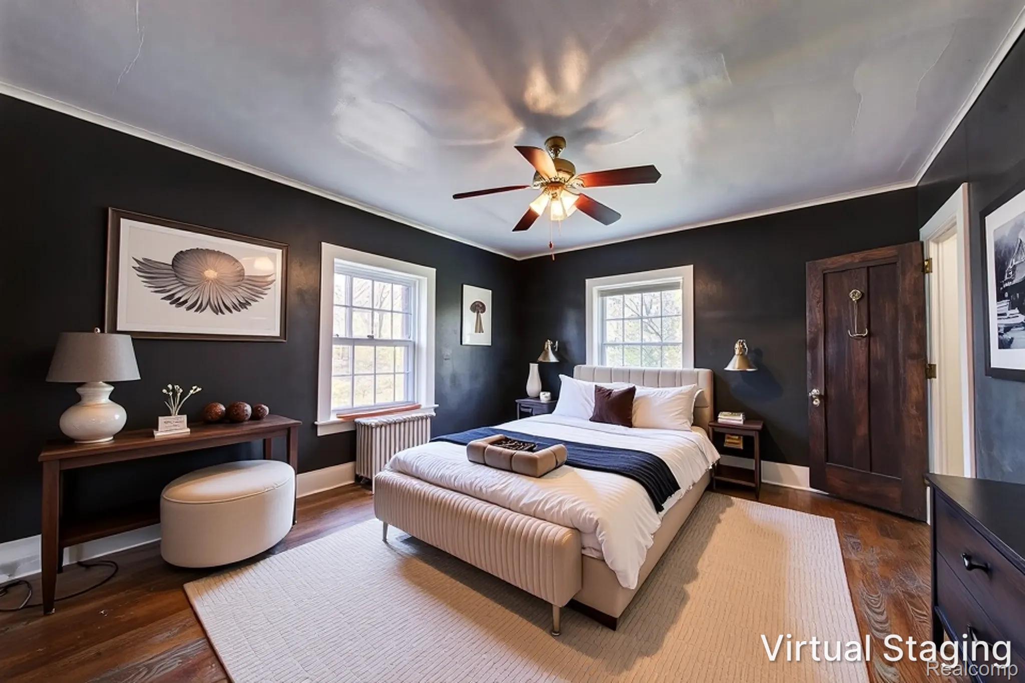 121 Longfellow Street Detroit, MI 48202 - Photo 43 of 87 Bedroom with dark wood-style flooring, ornamental molding, radiator, and a ceiling fan