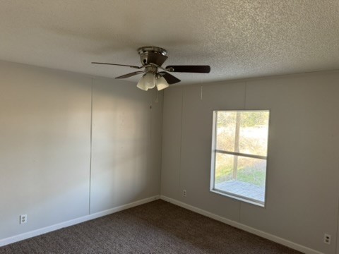 3035 County Road 255 Georgetown, TX 78633 - Photo 22 of 23 Spare room with dark carpet, a ceiling fan, a textured ceiling, and a decorative wall