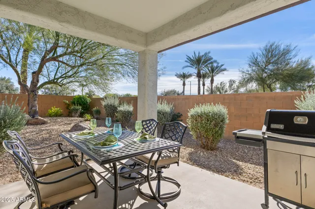 a view of a backyard with table and chairs potted plants and tree