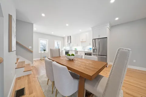 a view of a dining room with furniture