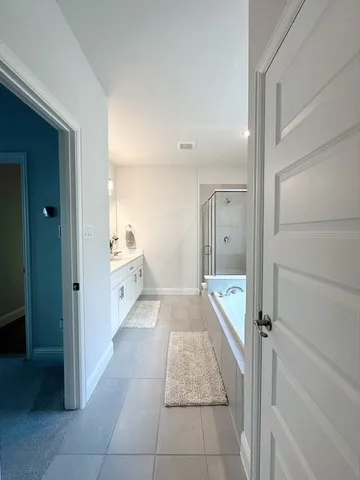 a bathroom with a tub shower vanity and a sink
