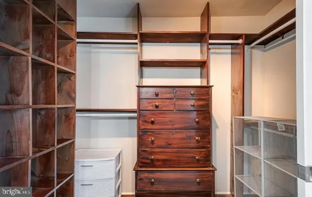a view of walk in closet with empty racks