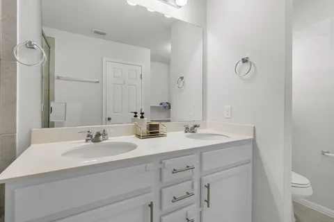 a bathroom with a double vanity sink mirror and shower